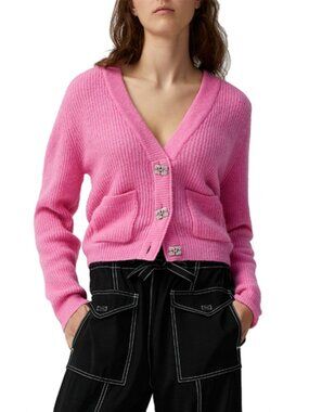 NWT $378 Ganni Pink Butterfly Jewel Button Wool V-Neck Knit Cardigan M